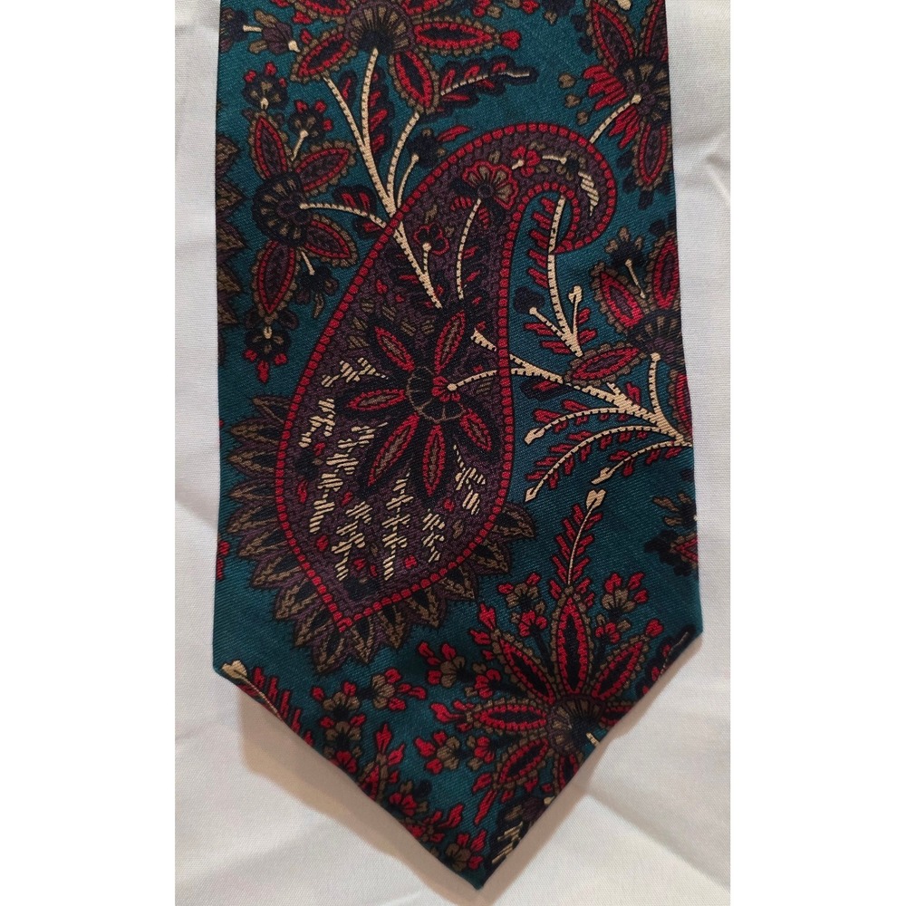 Vintage Mario Valentino Teal Burgundy Paisley 100% Italian Silk Men's Neck Tie - Picture 2 of 5